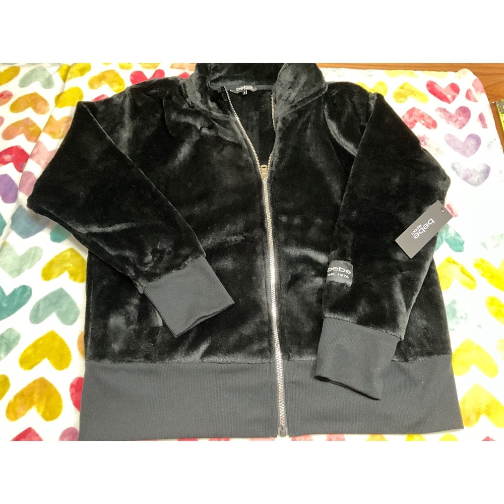 Bebe Sport Black Velour Full Zip Hoodie Jacket Women size‎ L